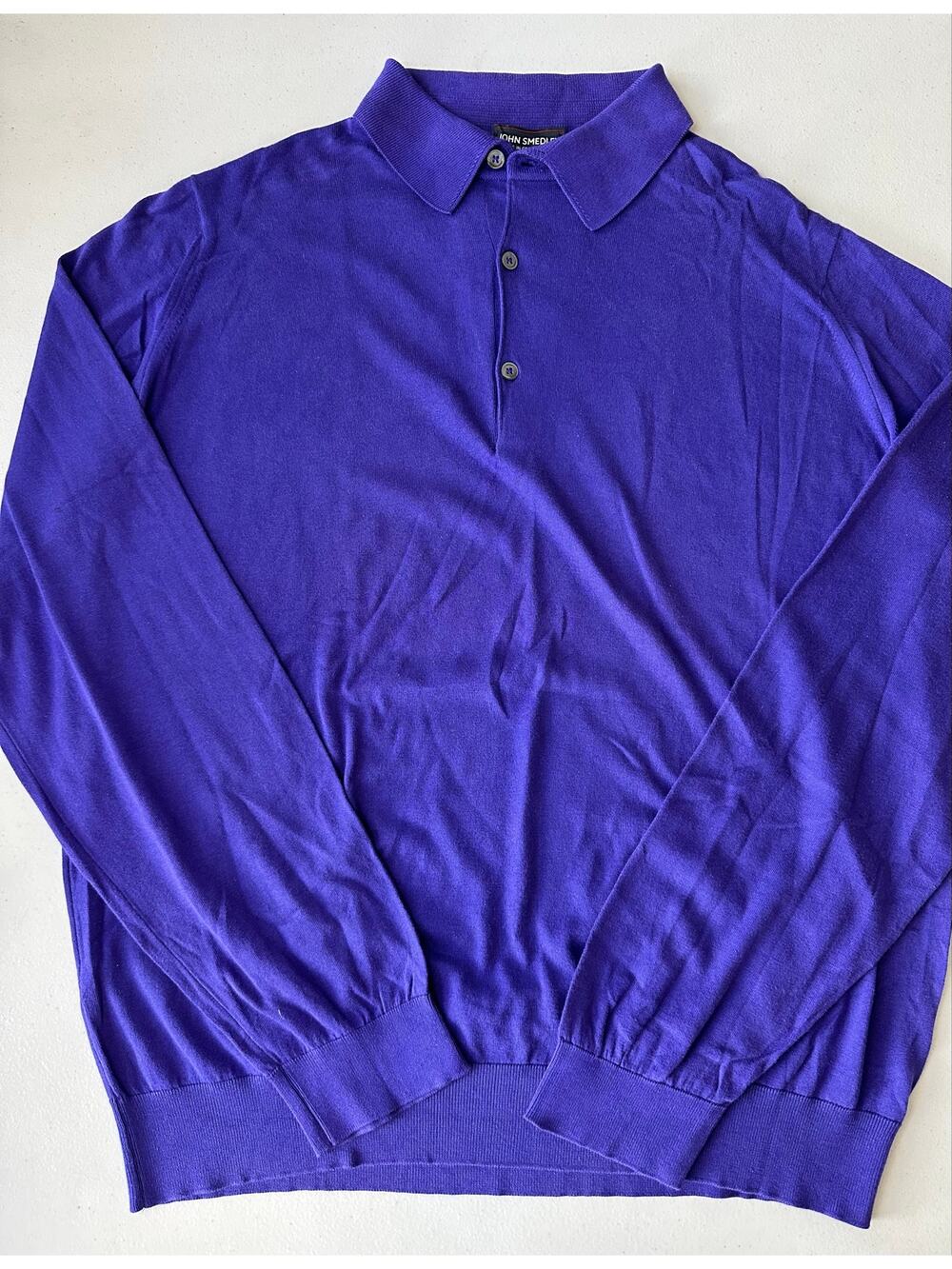 John Smedley Knitted Polo Shirt Long Sleeve Sea Island Cotton Purple Mens XXL